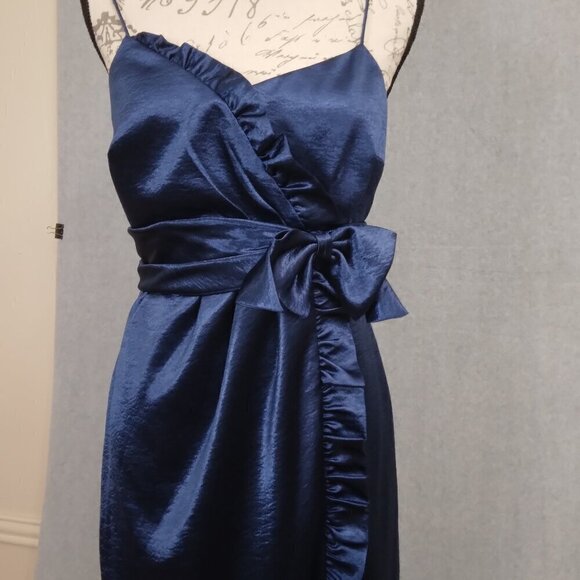 Royal Blue Bow Ruffle Satin Dress Evening Party Dress | Size 8 - Picture 3 of 10